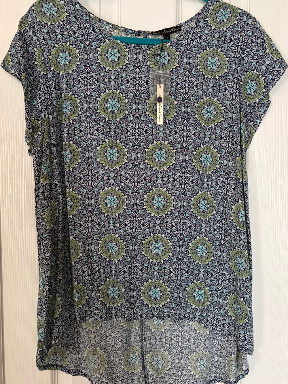 Ava Christine Navy & Green Printed Short Sleeve Top